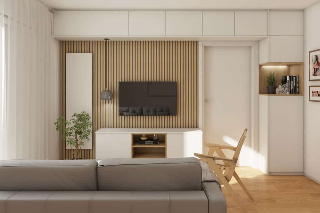 Modern living room with minimalist furniture and wooden accents.