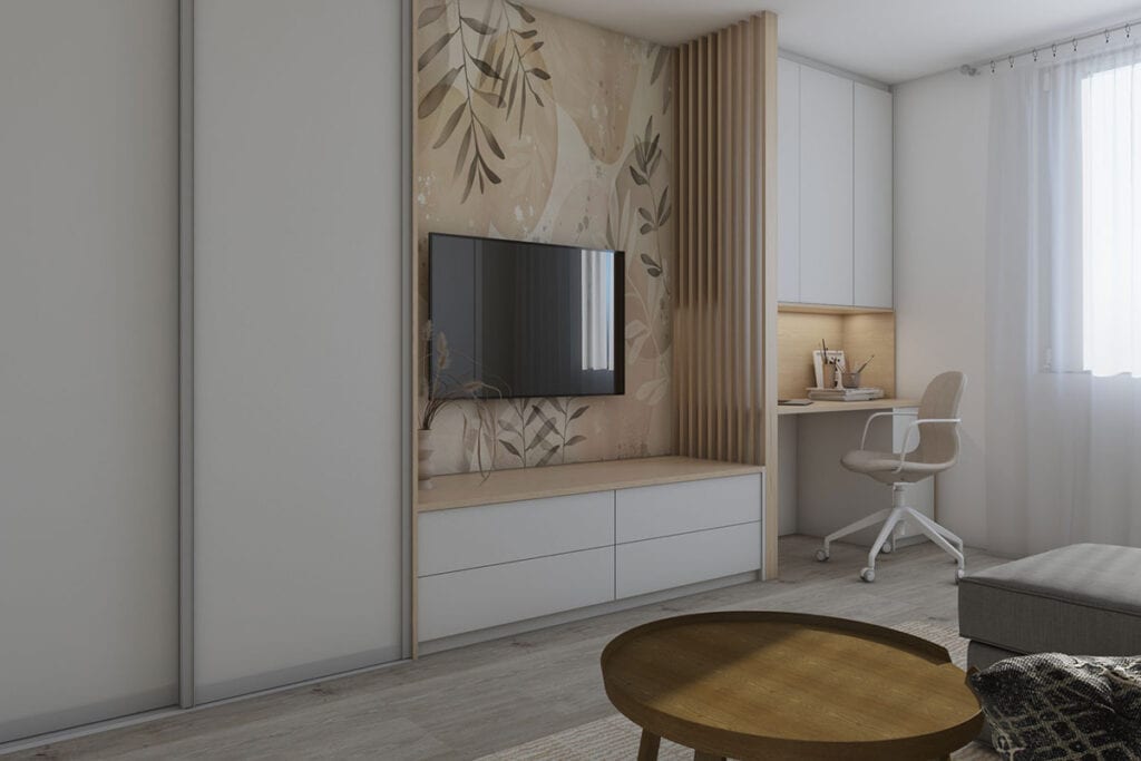 Stylish living room with custom furniture and wall decor, perfect for a cozy and functional space.