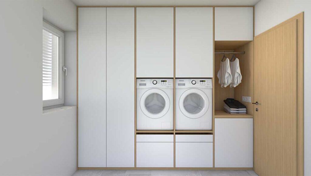 Modern bathroom cabinetry with integrated laundry area for efficient space use.