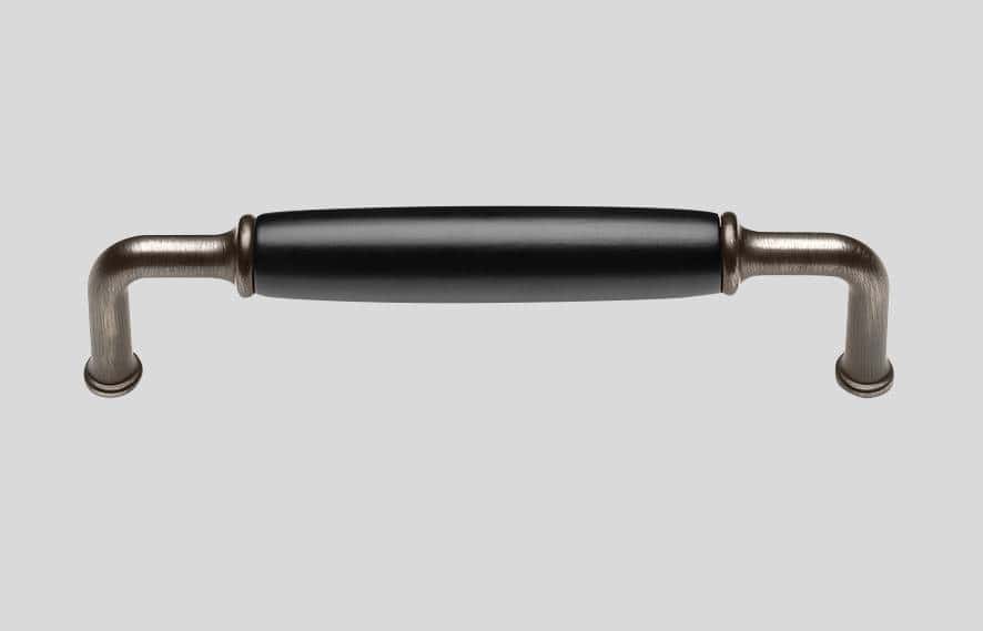 Handlebar for furniture or cabinetry, black with metal ends.