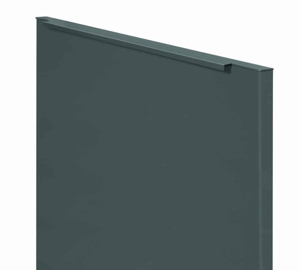 Close-up of a sleek blue cabinet door with a minimalist design.