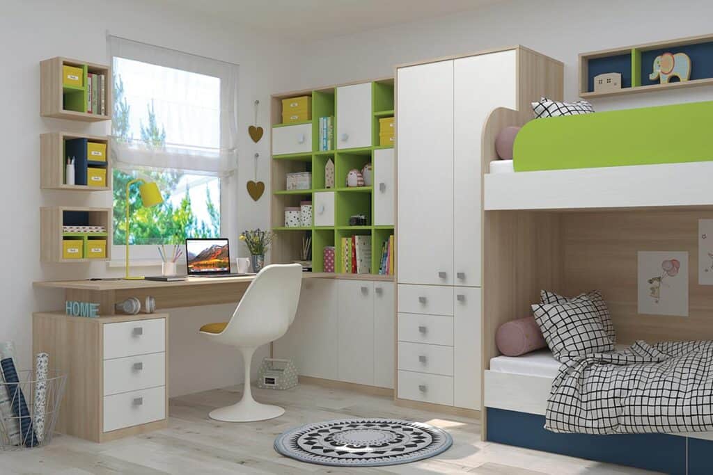 Bright children's bedroom with custom furniture, bunk beds, and colorful storage units for a playful.