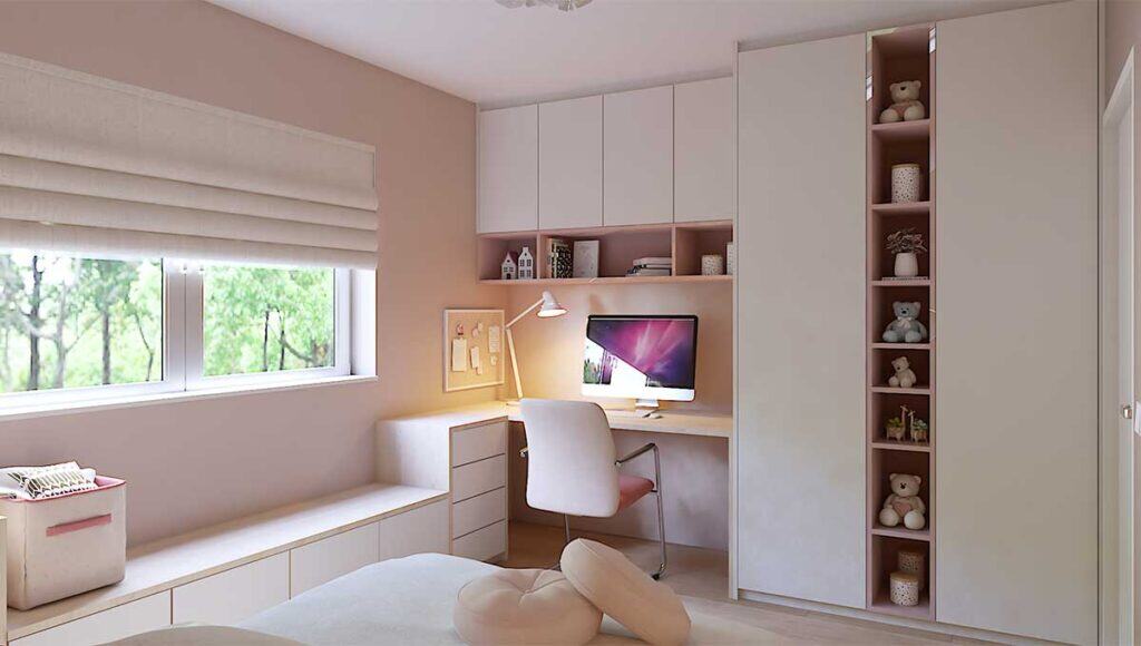 Children's bedroom furniture with built-in storage and workspace. Perfect for creating a functional.