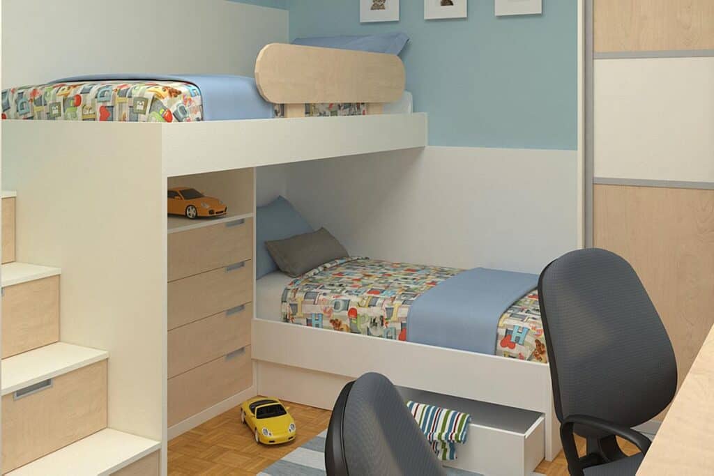 Children's bedroom with custom-built bunk beds and storage solutions.
