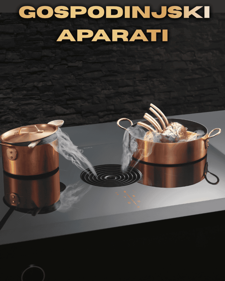 Kitchen appliances on a modern stovetop with pots, steam, and cooking utensils.